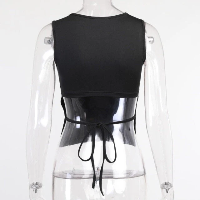 Tied Backless Slim Solid Sleeveless Crop Top  Summer Sexy Skinny Simple Trim Outfits Mock Neck Basics Tank Top - Deanwangkt