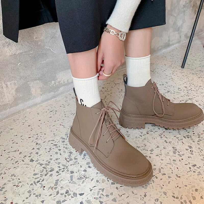 deanwangkt Autumn Boots    NEW Autumn Shoes Women Round Toe Chunky Shoes Split Leather Ankle Boots Lace-up Short Boots for Women Solid Black Winter Boots - Deanwangkt