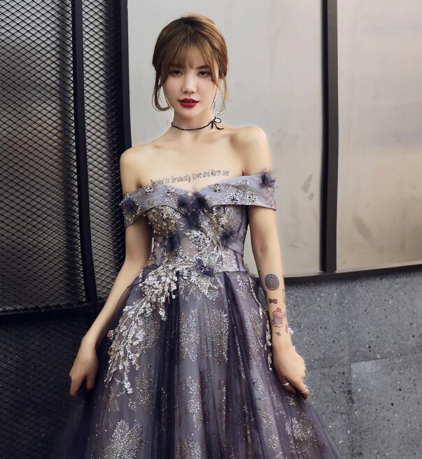 Solvbao Purple Tulle Sweetheart with Flowers Long Formal Gown, A-line Off Shoulder Party Dress - Deanwangkt