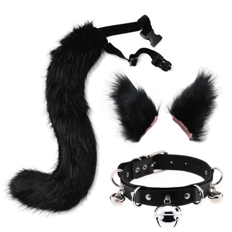 Plush Cat Ears Hair Clip Furry Wolf Tail with Faux Leather Bell Neck Choker Necklace Set Anime Animal Cosplay Costume - Deanwangkt