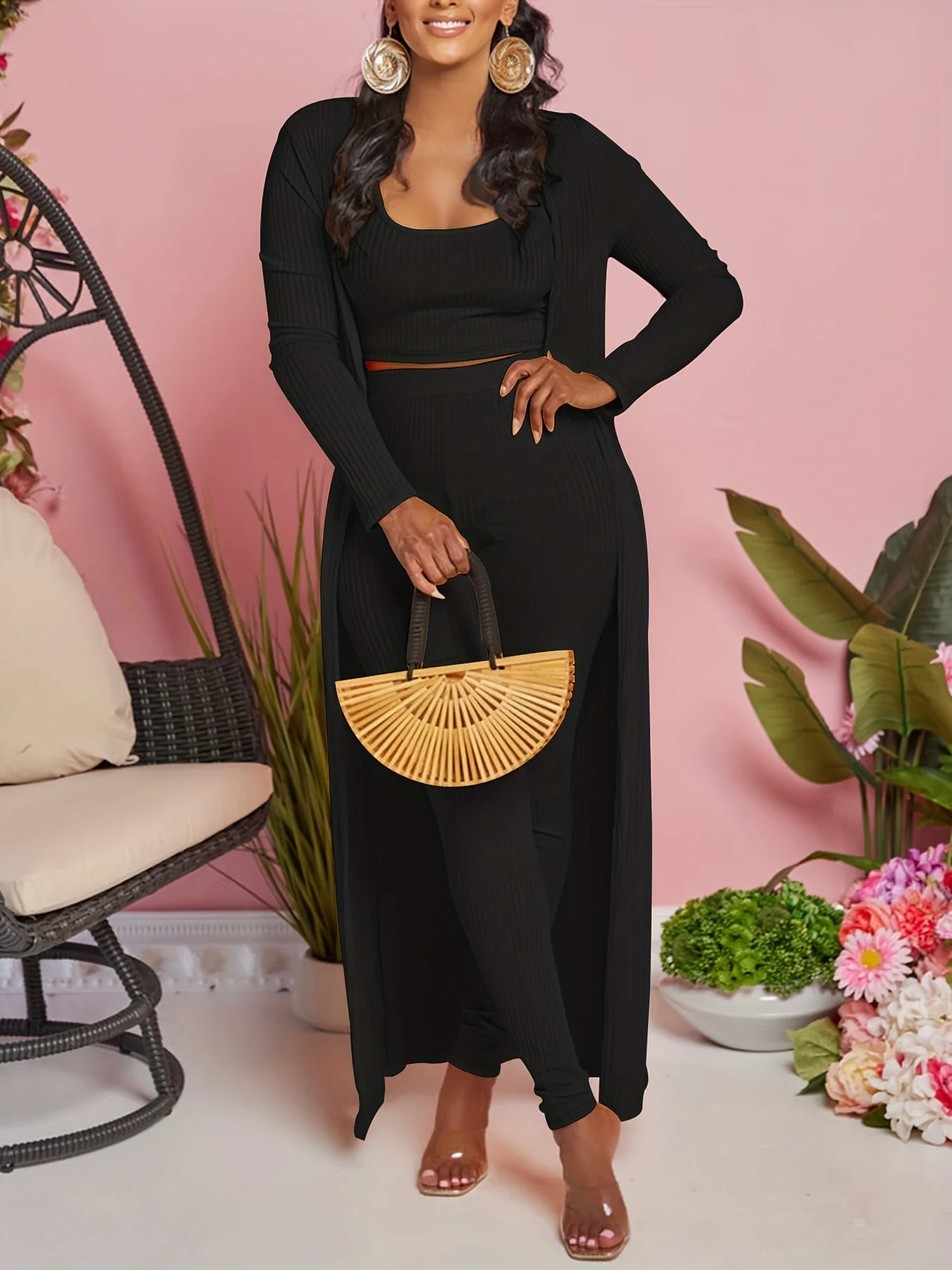 deanwangkt-1  Solid Ribbed Three-piece Set, Crop Tank Top & Slim Pants & Long Sleeve Cardigan Outfits, Women's Clothing - Deanwangkt