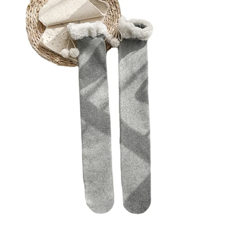 deanwangkt Japanese Vertical Stripe Plush Stockings Autumn Winter Cute Tights Kawaii Lamb Fur Wool Ball Calf Socks Lolita Knee High Socks - Deanwangkt