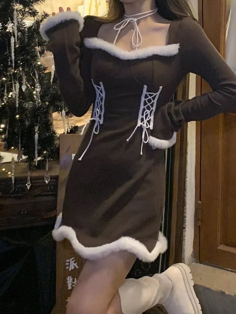 deanwangkt  Winter Sweet Christmas Dress Women Red Kawaii Lolita Party Mini Dresses Warm Korean Night Dresses Ladies Festival Clothing - Deanwangkt