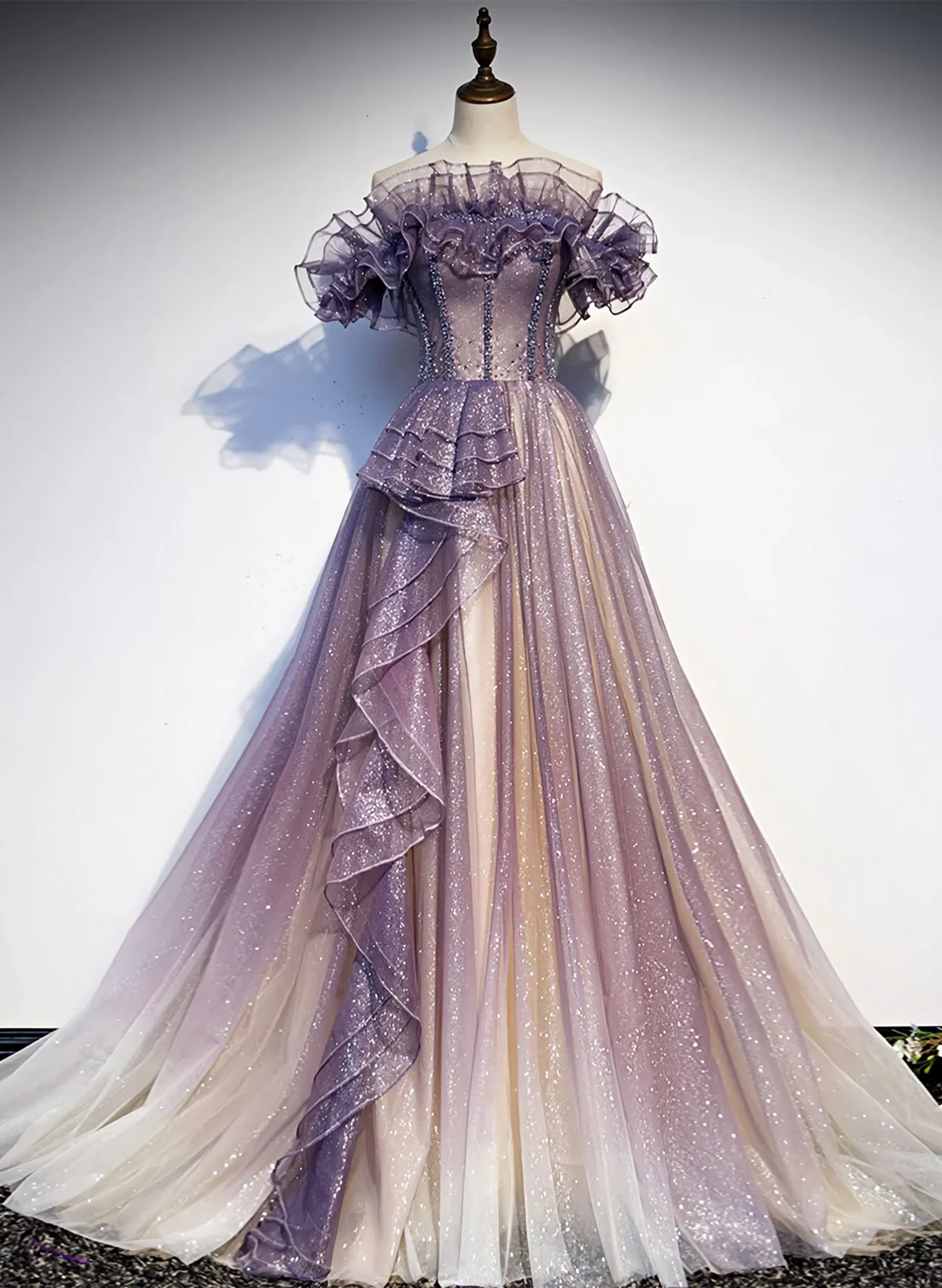 Solvbao Lovely Purple Shiny Tulle Off Shoulder Evening Dress, Purple Long Prom Dress - Deanwangkt