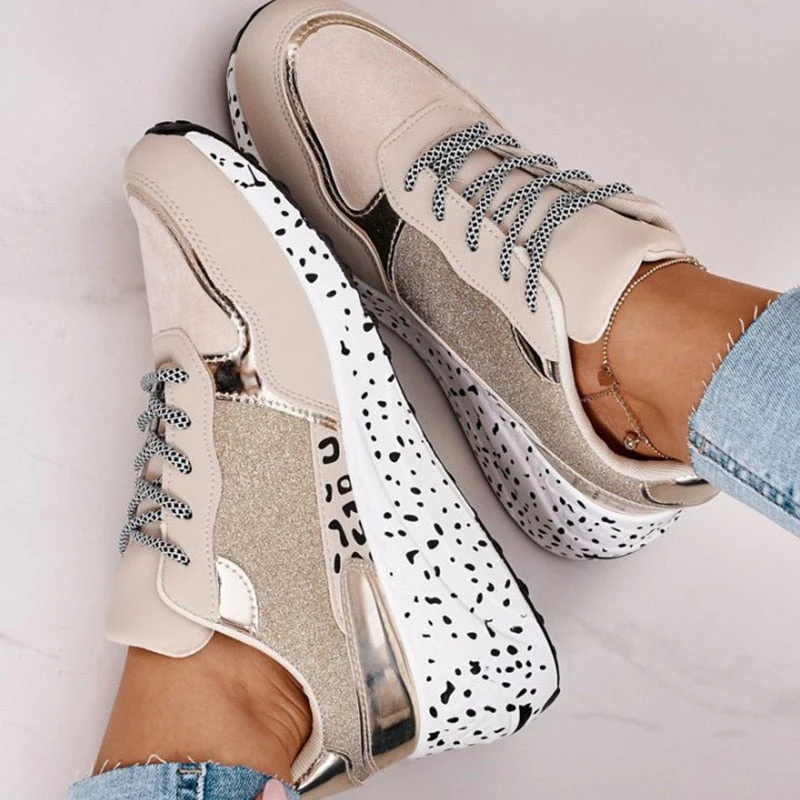 deanwangkt Women's Sneakers Platform Casual Shoes Women Vulcanize Shoes Leopard Ladies Running Shoes Sport Silver Lace-Up Female Sneakers - Deanwangkt