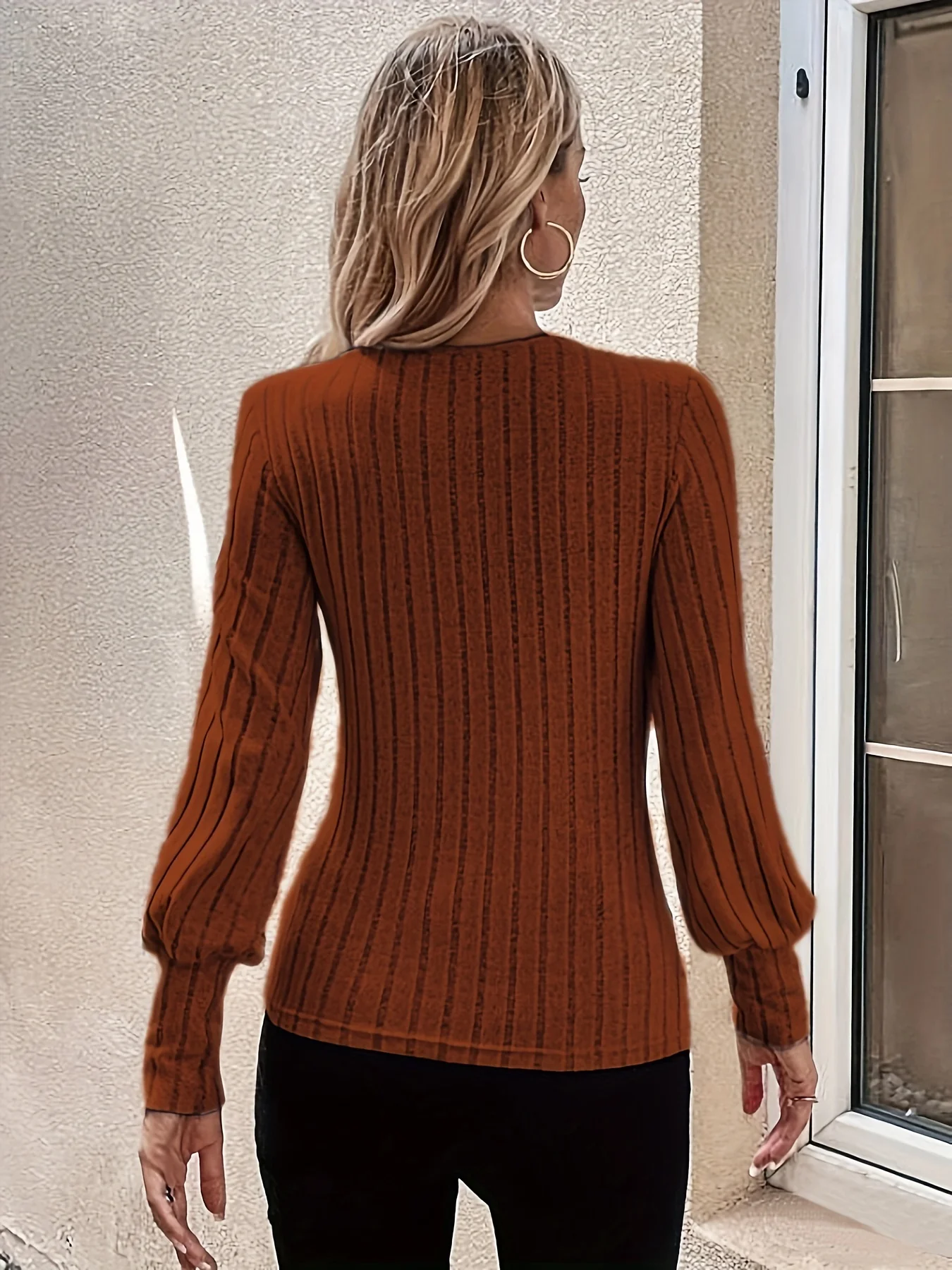 deanwangkt-1 Lace Stitching Ribbed T-Shirt, Elegant Long Sleeve Top For Spring & Fall, Women's Clothing - Deanwangkt