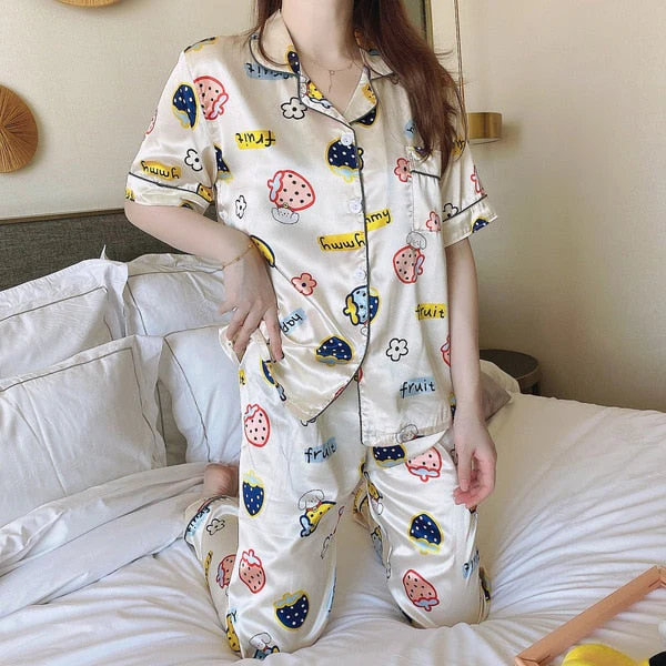 Newest Silk Pajamas for Women Sweet Leopard Pyjamas Woman Elegant Short Sleeve Long Pant Homewear Ladies Sleepwear Sets - Deanwangkt