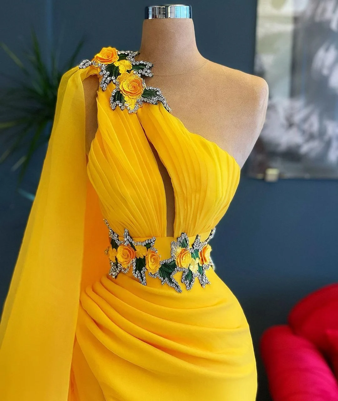 Charming Yellow One Shoulder Mermaid Evening Dresses   Sleeveless Side Split Crystals Women Pageant Dressing   Gowns  1115 - Deanwangkt