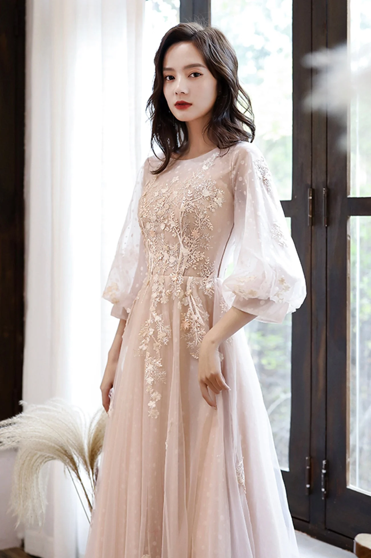 solvbao Pink Tulle Lace Long A-Line Prom Dresses, Long Sleeve Evening Dresses - Deanwangkt
