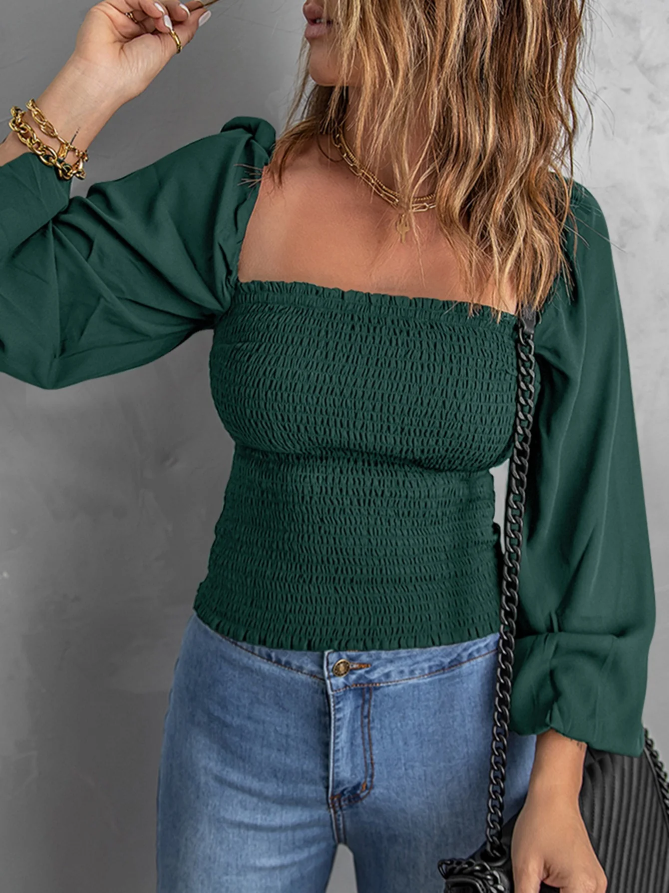 Solid Lantern Sleeve Blouse, Square Neck Long Sleeve Blouse, Casual Every Day Tops, Women's Clothing - Deanwangkt