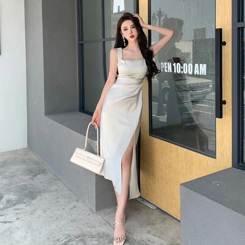 deanwangkt Summer Fashion Women Elegant White Satin French Dress Sexy Square Collar Silk Long Bodycon Dress Wedding Cocktail Prom Dresses - Deanwangkt