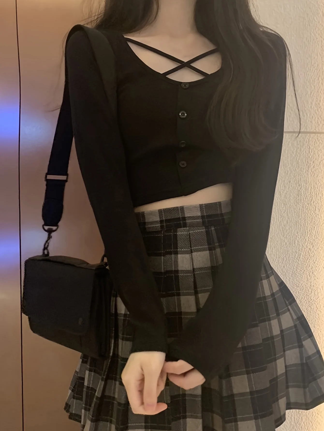 deanwangkt  Button Front Crisscross Crop T-Shirt, Casual Long Sleeve T-Shirt For Spring & Fall, Women's Clothing - Deanwangkt