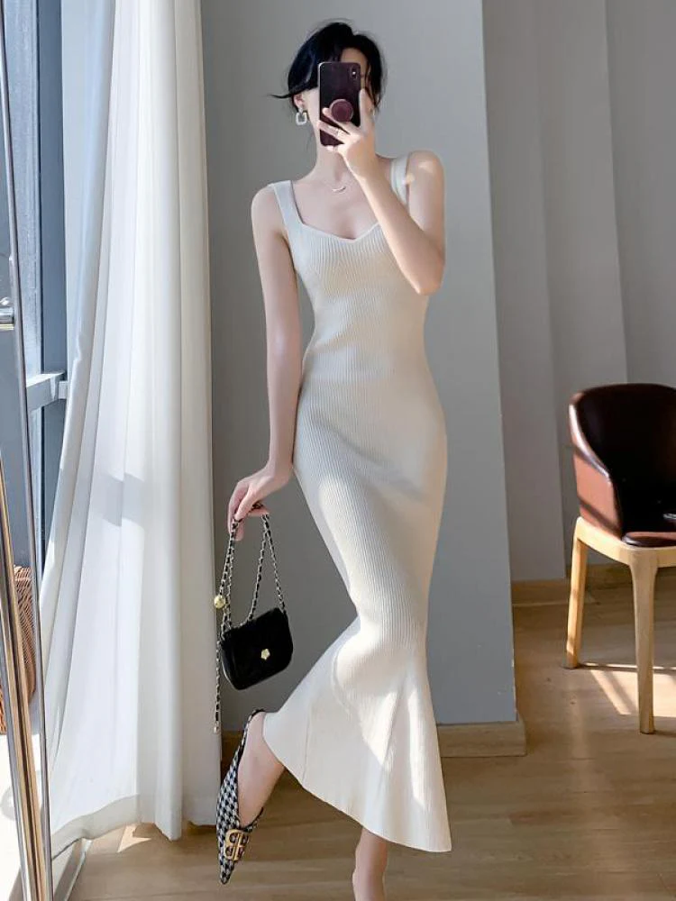 deanwangkt Korea Summer New Women White Elegant V-neck Knit Slip Long Dress French Black Sexy Club Slim Prom Evening Party Fishtail Dresses - Deanwangkt