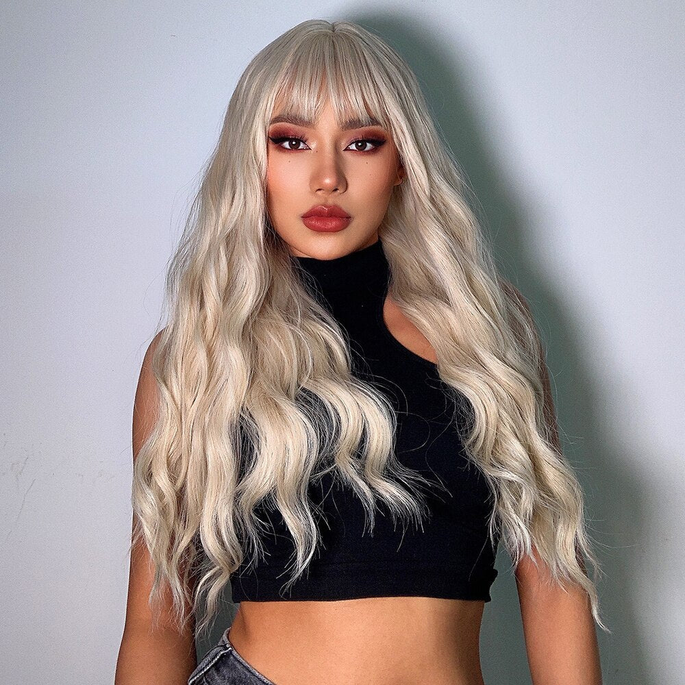 Pure Blonde Synthetic Hair Wigs Long Water Wave Wig for Women Colored Cosplay Lolita Wig with Bangs Heat Resistant - Deanwangkt