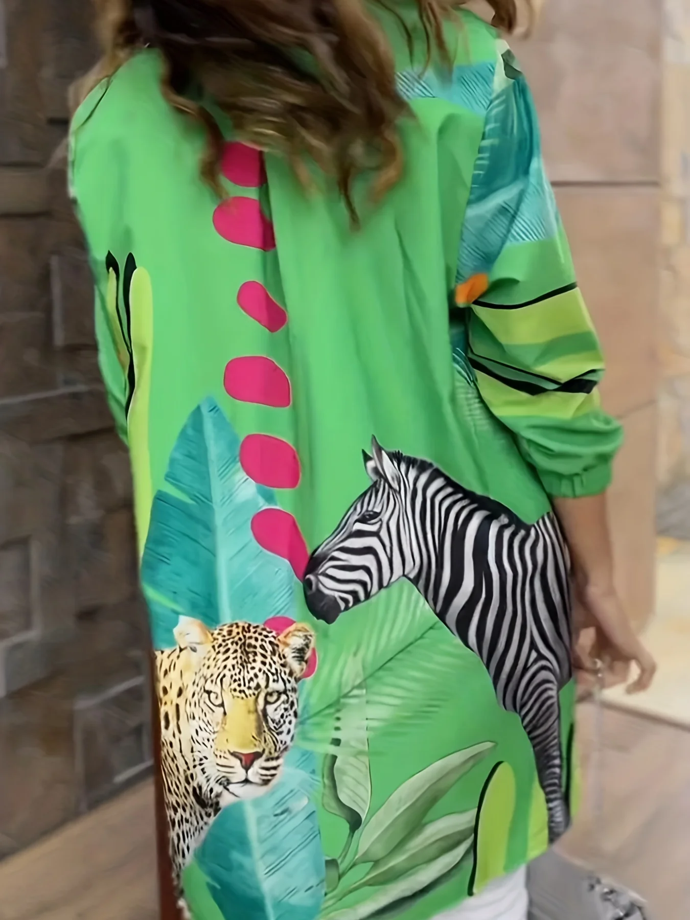 Plus Size Casual Blouse, Women's Plus Animal Print Colorblock Long Sleeve Lapel Collar Asymmetric Hem Shirt Top - Deanwangkt