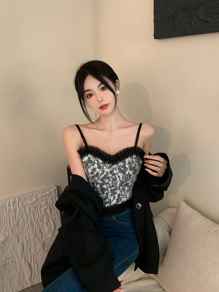 deanwangkt Women Vintage Camisole Summer Floral Chic Korean Girls Single-breasted Pearl Button Lace Crop Top Camisoles For Women Streetwear - Deanwangkt