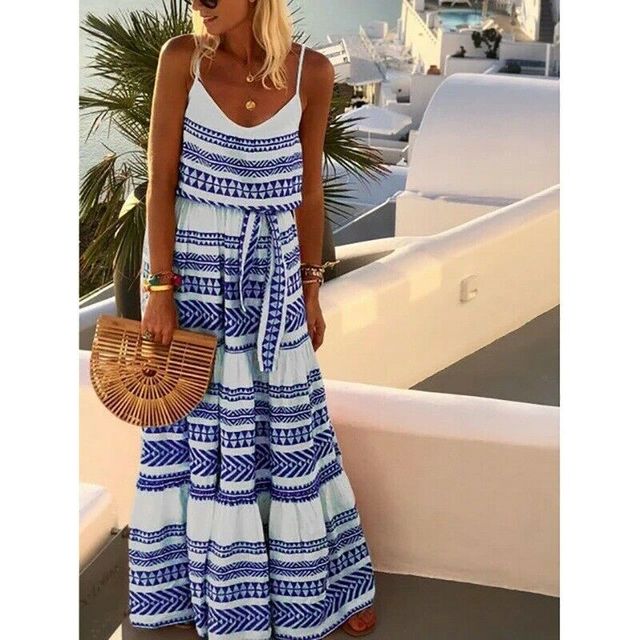 Women Summer Boho Long Maxi Dress Lady Holiday Beachwear Swing Sundress Strappy Loose Dresses - Deanwangkt
