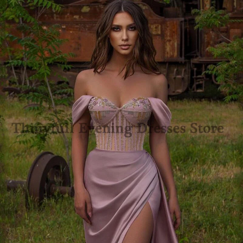 DEANWANGKT Evening Dress Formal Applique Off Shoulder Satin High Split Prom Dress Floor-Length Cocktail Party Gown Plus Size - Deanwangkt