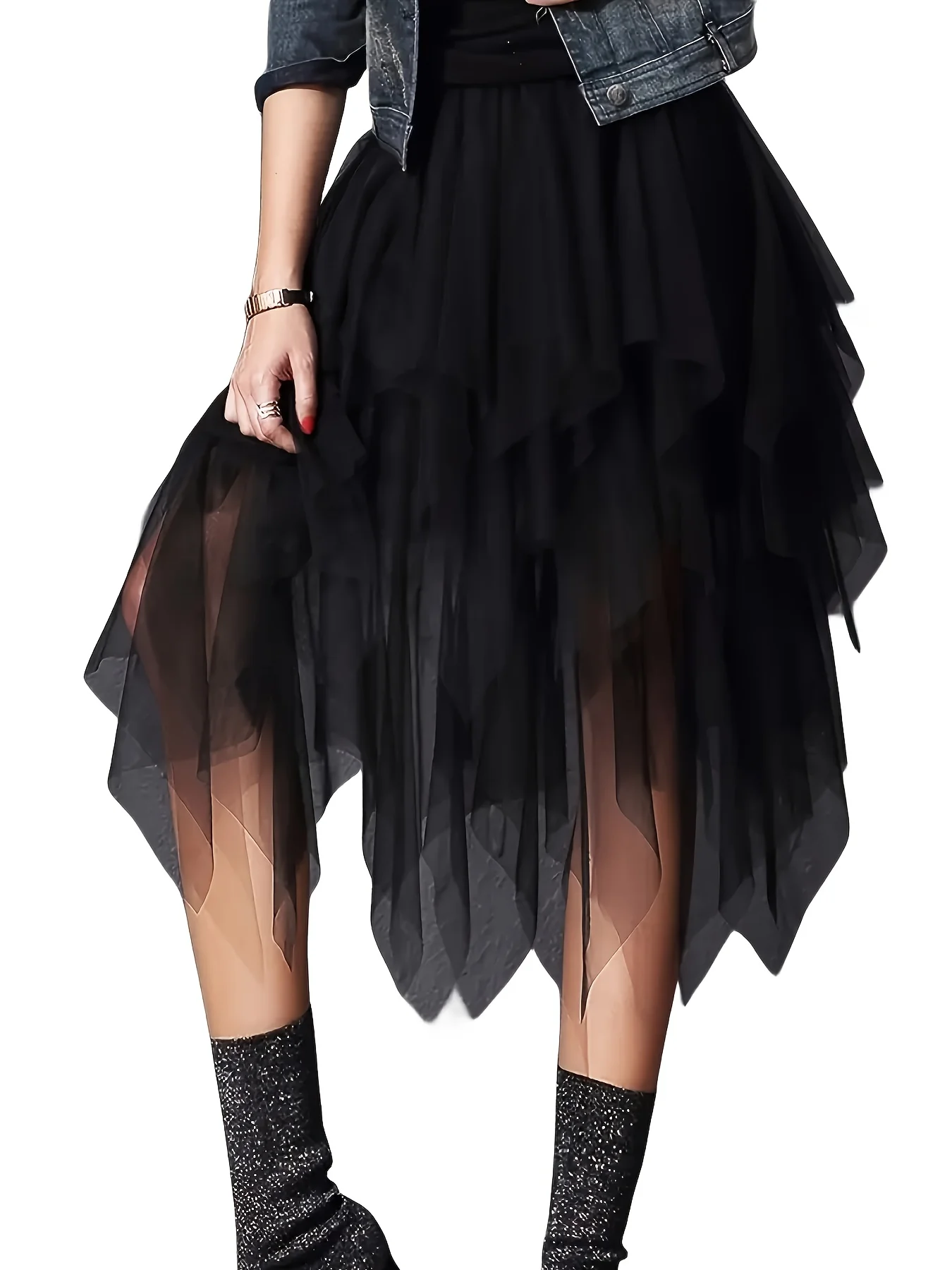 deanwangkt-1 Solid Color Mesh Layered Skirt, Elegant Elastic Waist Midi Length Skirt, Women's Clothing - Deanwangkt