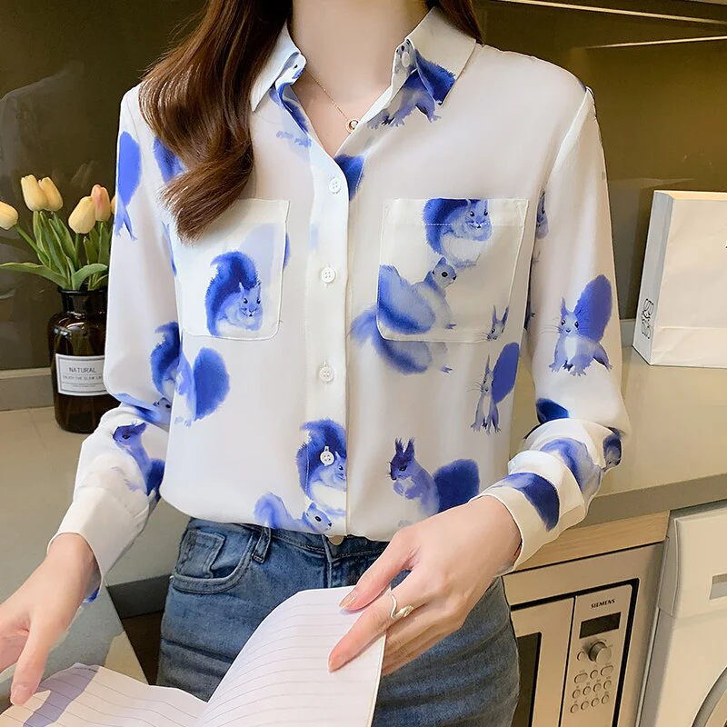 deanwangkt chic flower print Women's chiffon Blouses elegant ladies shirts  Spring Autumn Long Sleeve Shirts Tops Blusas Mujer - Deanwangkt