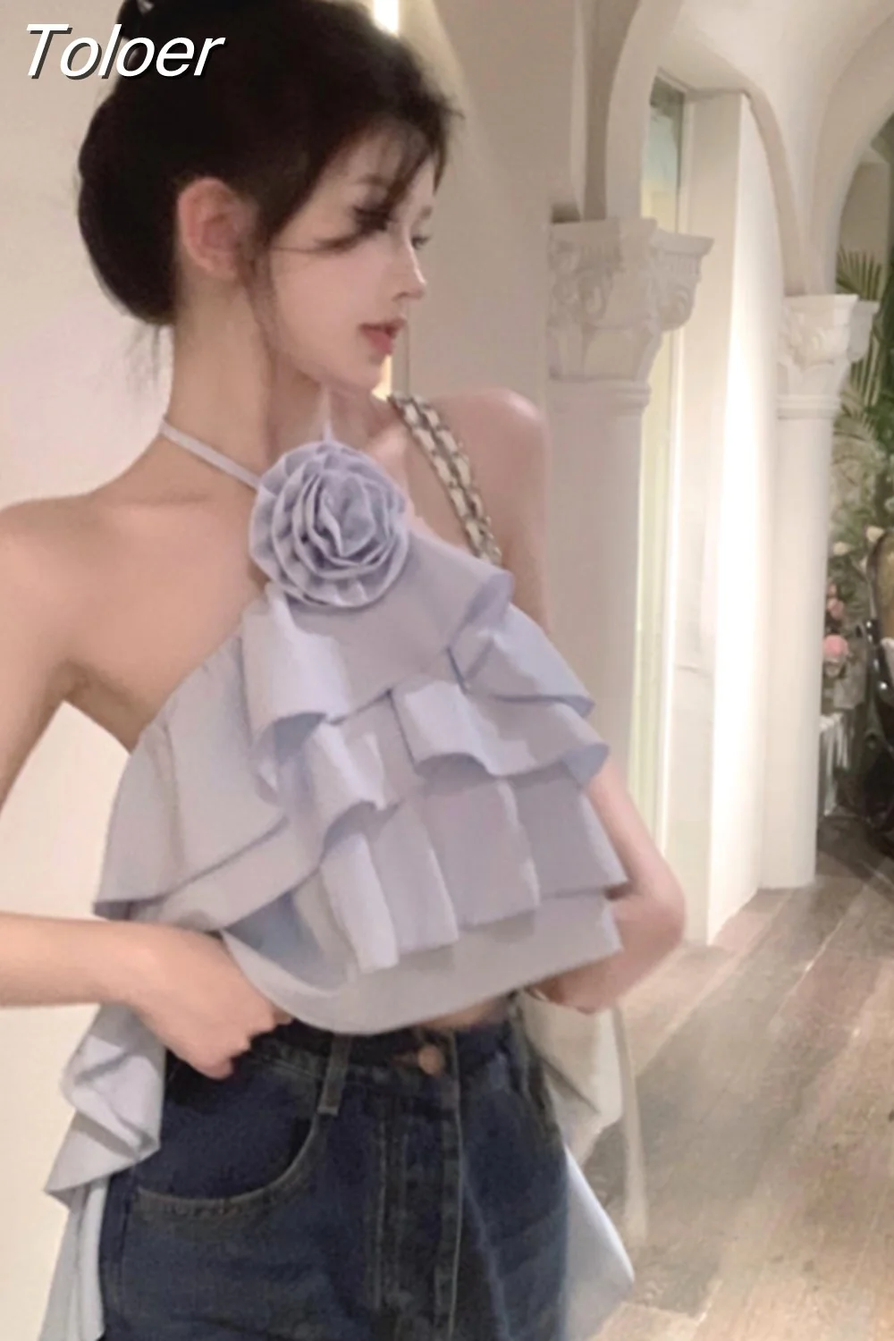 deanwangkt Crop Tops  Womens Blouses Fashion Clothing Ruffles Bandage Shirts Backless Slim Y2k Top Floral Summer Camis Ropa Mujer - Deanwangkt