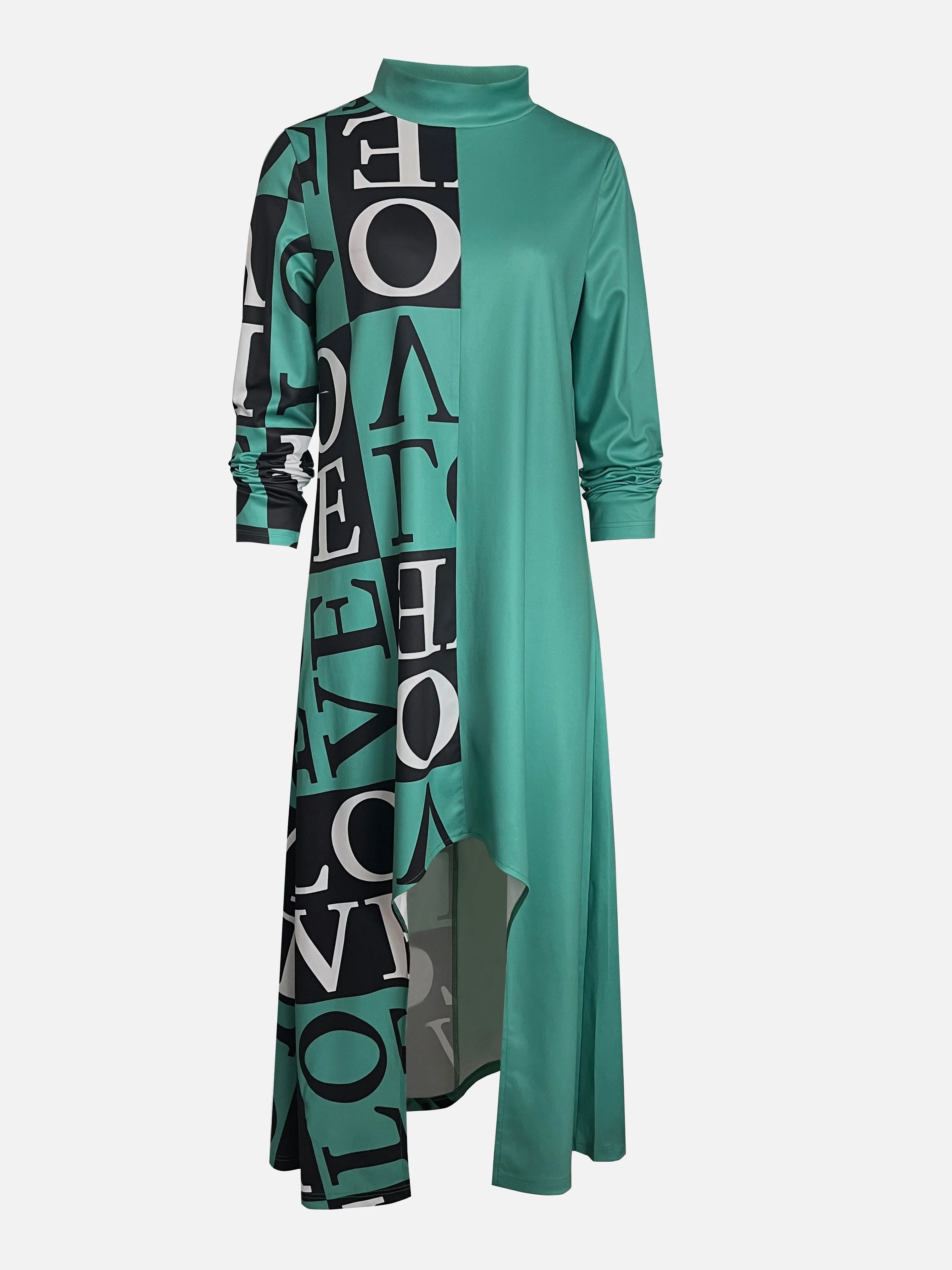 Letter Print Splicing Dress, Casual Dipped Hem Long Sleeve Dress, Women's Clothing - Deanwangkt