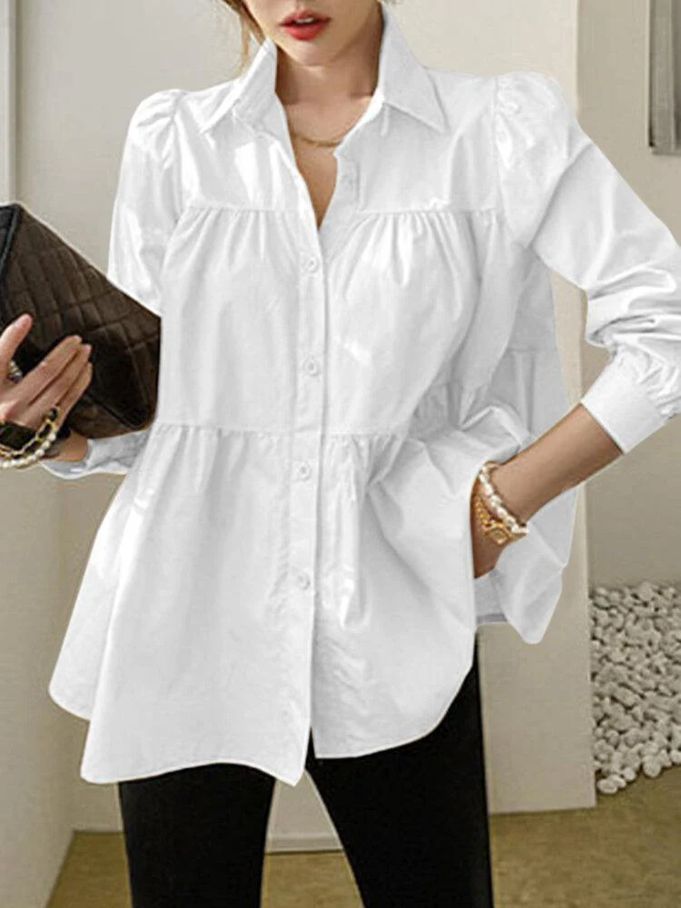 deanwangkt Woman Puff Sleeve Retro Solid Layered Blouse - Deanwangkt
