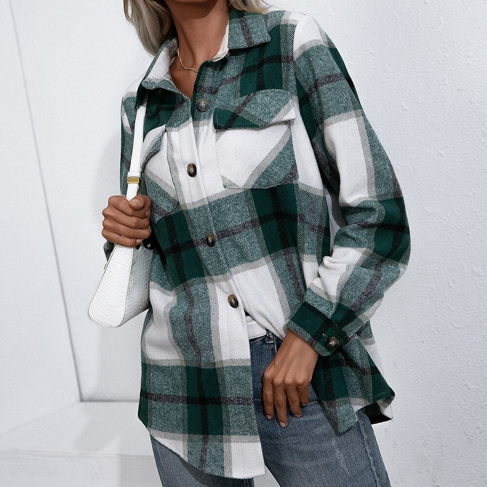 deanwangkt  Spring Autumn Women Coats Casual Loose Vingage Long Sleeve Shirts Turn-down Collar Single Breasted Outerwear Plaid Jackets - Deanwangkt