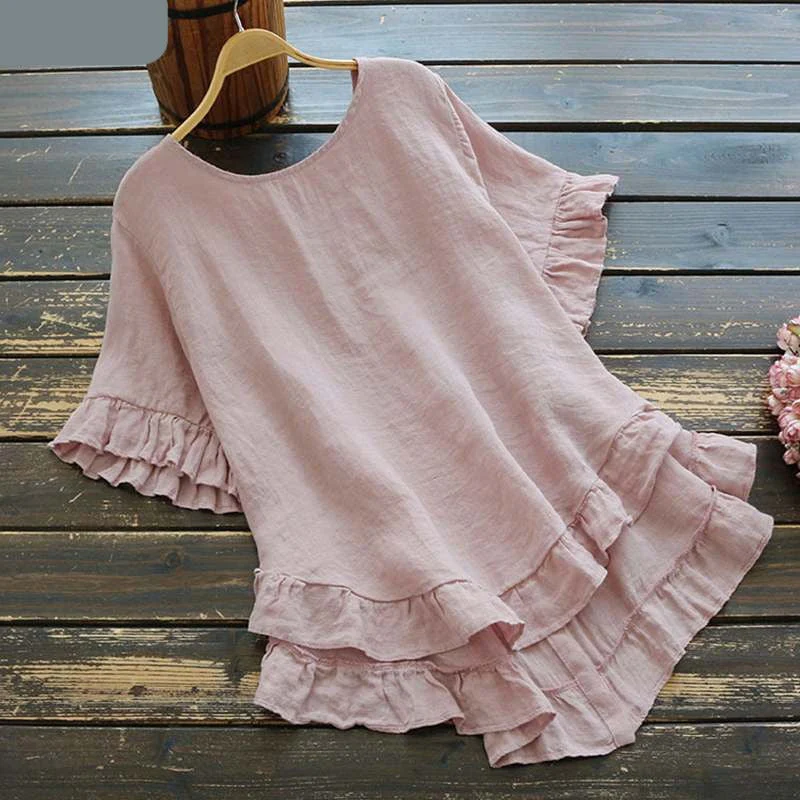 Fashion Ruffle Shirts Women's Cotton Blouse Causal Short Sleeve Solid Female Asymmetrical Tunic  Blusas - Deanwangkt