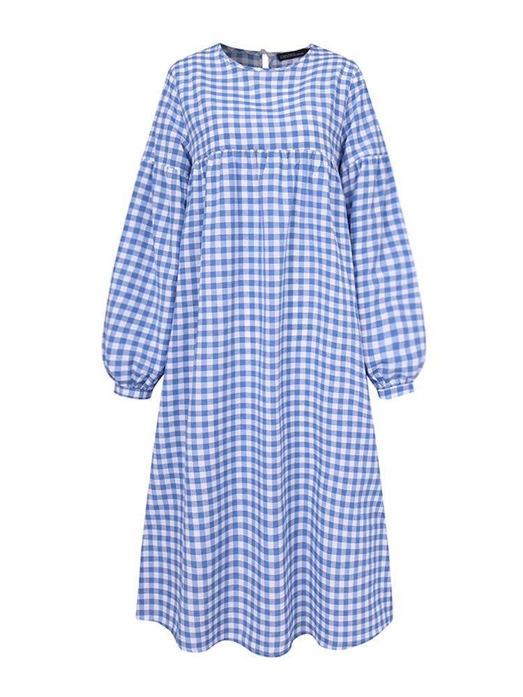 deanwangkt Women's Casual Plaid Midi Dress with Bohemian Puff Sleeves - Deanwangkt