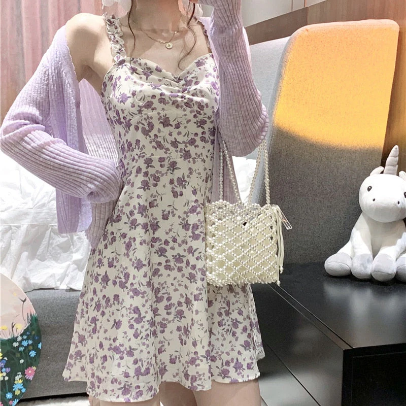 Floral Slip Dress Ladies Mini A-line Strap Dress  High Waist Ruched Purple Sundress For Women Spring  Clothing Robe Femme Fairy Dress - Deanwangkt