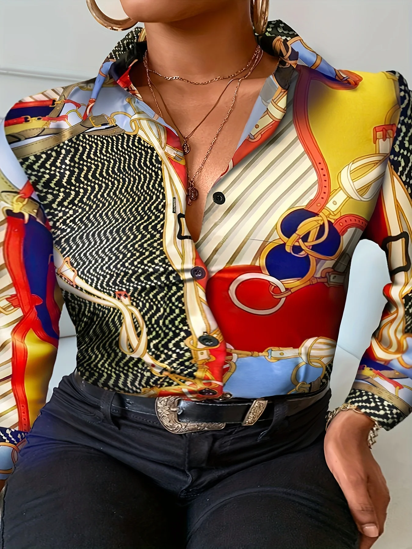 Plus Size Casual Blouse, Women's Plus Colorblock Chain Print Long Sleeve Button Up Shirt - Deanwangkt