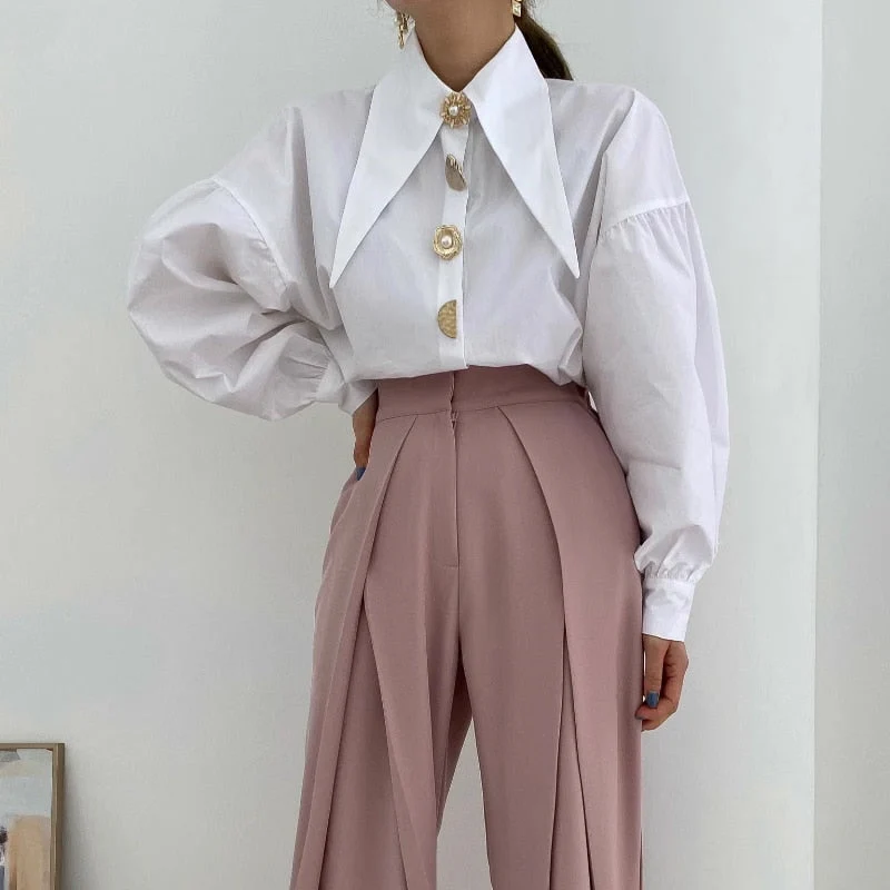 Korean Chic Pointed Neck Single Pearl Button White Shirt Lady Fashion Loose Puff Long Sleeve Blouse Casual Solid Tops for Women - Deanwangkt