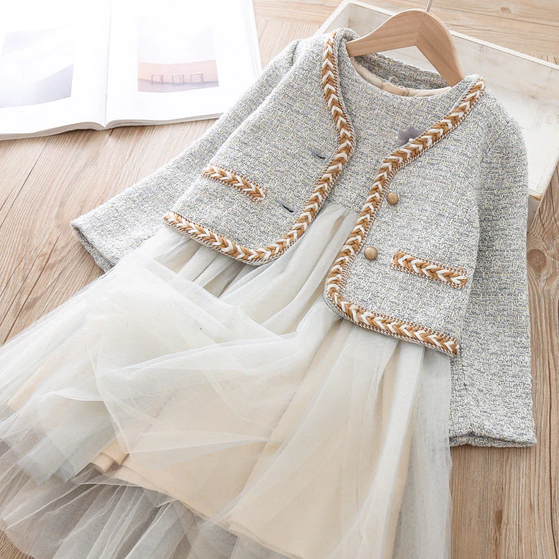 deanwangkt Baby Girl Clothes  Children Suits Korean Version Small Fragrance Girl Plaid Doll Collar Jacket + Love Vest Skirt 2Pcs Clothes Suit Wool Coat - Deanwangkt