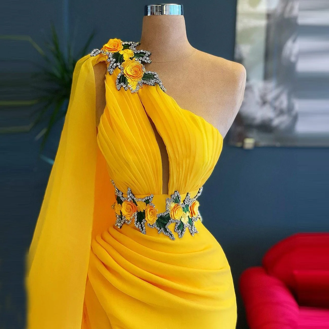 Charming Yellow One Shoulder Mermaid Evening Dresses   Sleeveless Side Split Crystals Women Pageant Dressing   Gowns  1115 - Deanwangkt
