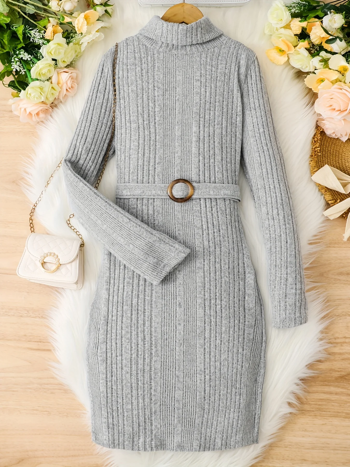 Teen Girls Rib Knitted Warm Bodycon Sweater Dress With Belt - Deanwangkt