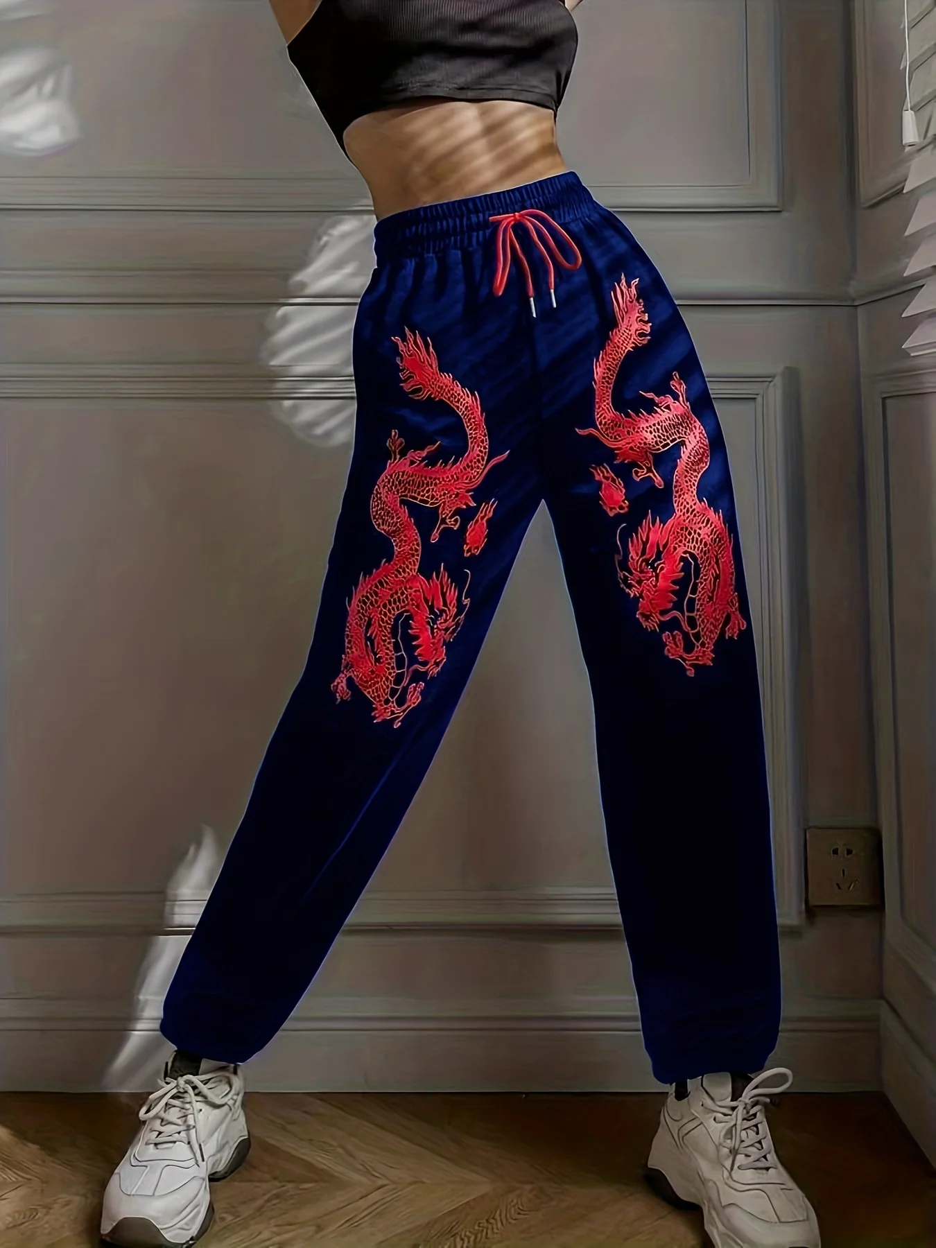 deanwangkt-1  Dragon Print Drawstring Waist Sweatpants, Casual Pants For Spring & Fall, Women's Clothing - Deanwangkt