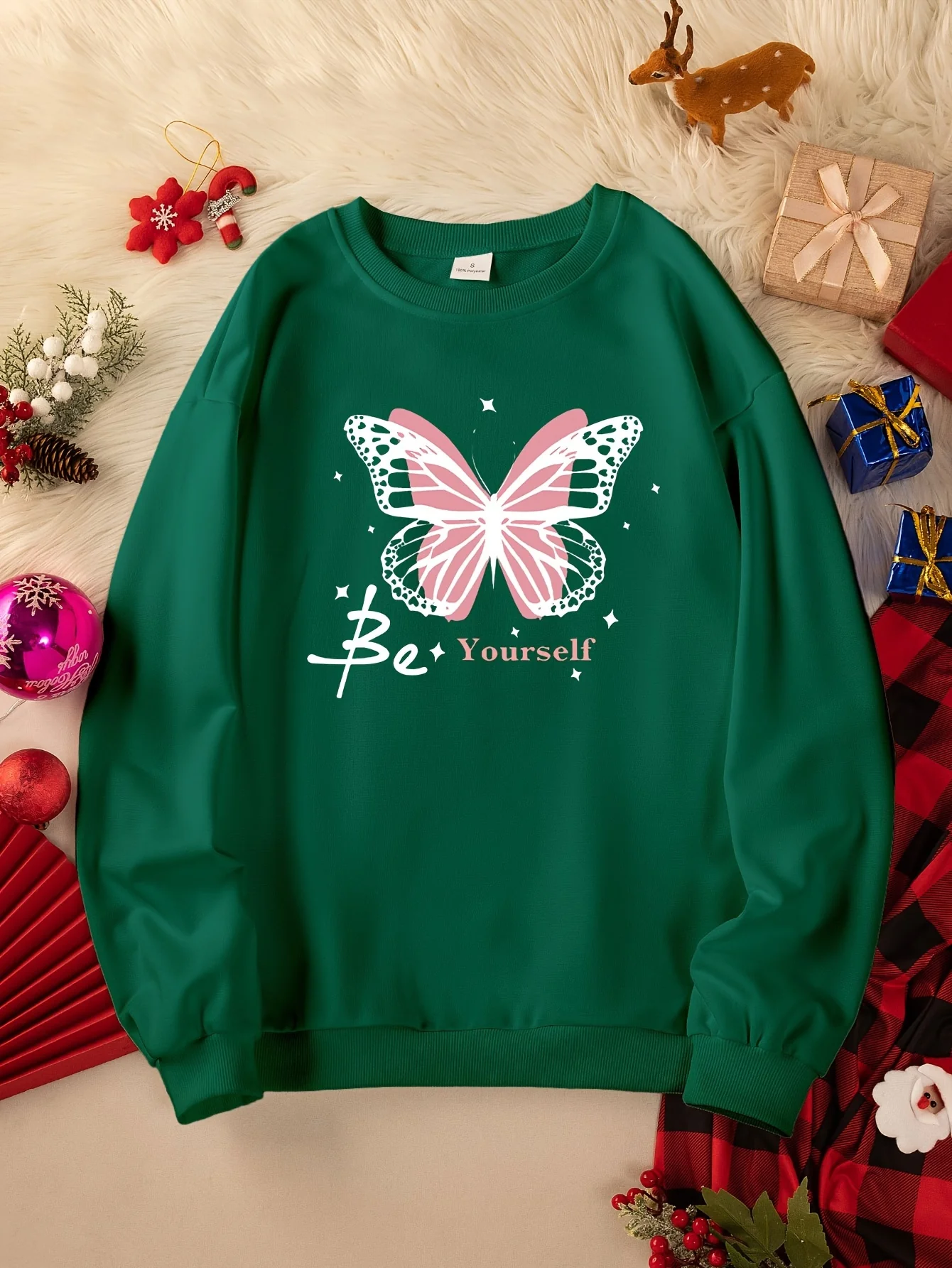 deanwangkt Butterfly & Be Yourself Print Sweatshirt, Winter & Fall Crew Neck Casual Sweatshirt, Women's Clothing - Deanwangkt