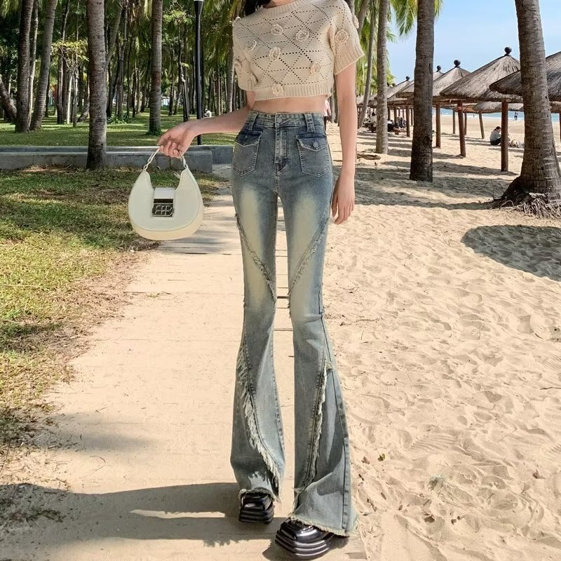 deanwangkt Versatile Japanese Pants, Spring And Autumn Trends, Dark Micro Flared Pants, Minimalist Literary Jeans, High Waisted Fashion - Deanwangkt