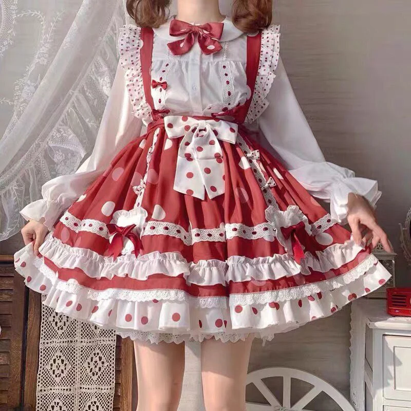 JSK Lolita Dress Victorian Princess Polka Dot Red Kawaii Sleeveless Strap Soft Girly Baby Doll Dresses Kawaii Clothing - Deanwangkt
