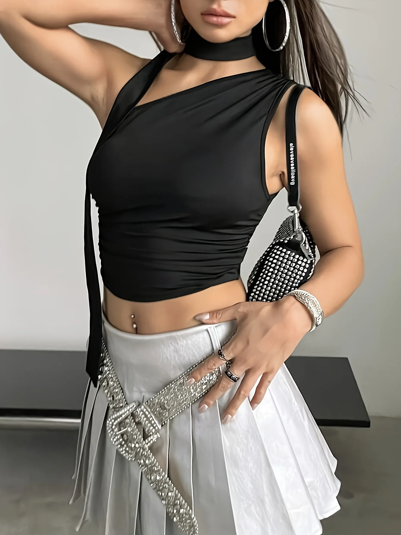 deanwangkt  Solid One Shoulder Ruched Crop T-shirt, Asymmetrical Neck Sleeveless Top, Women's Clothing - Deanwangkt