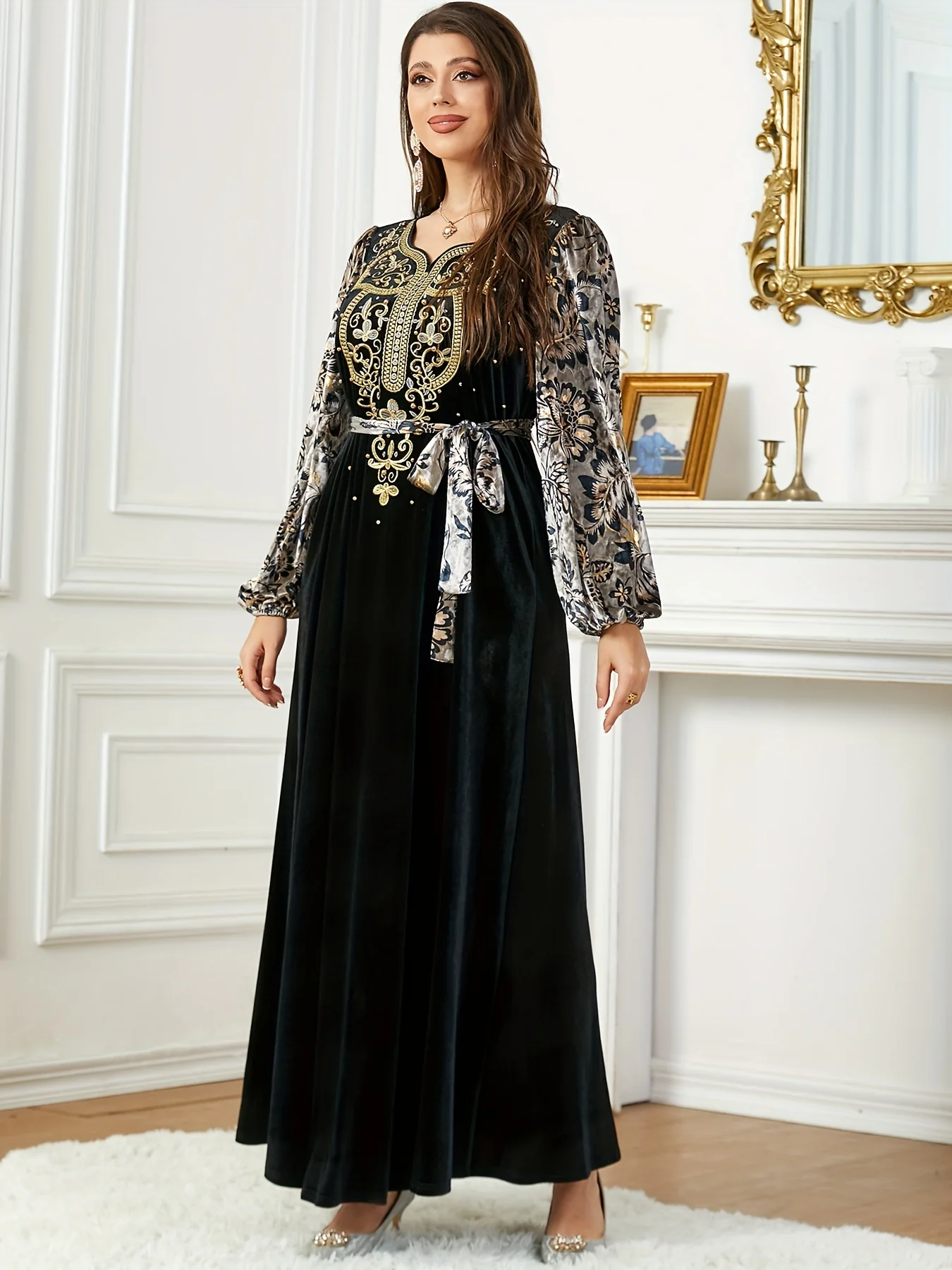 Floral Pattern Maxi Kaftan Dress, Elegant V Neck Lantern Sleeve Dress, Women's Clothing - Deanwangkt