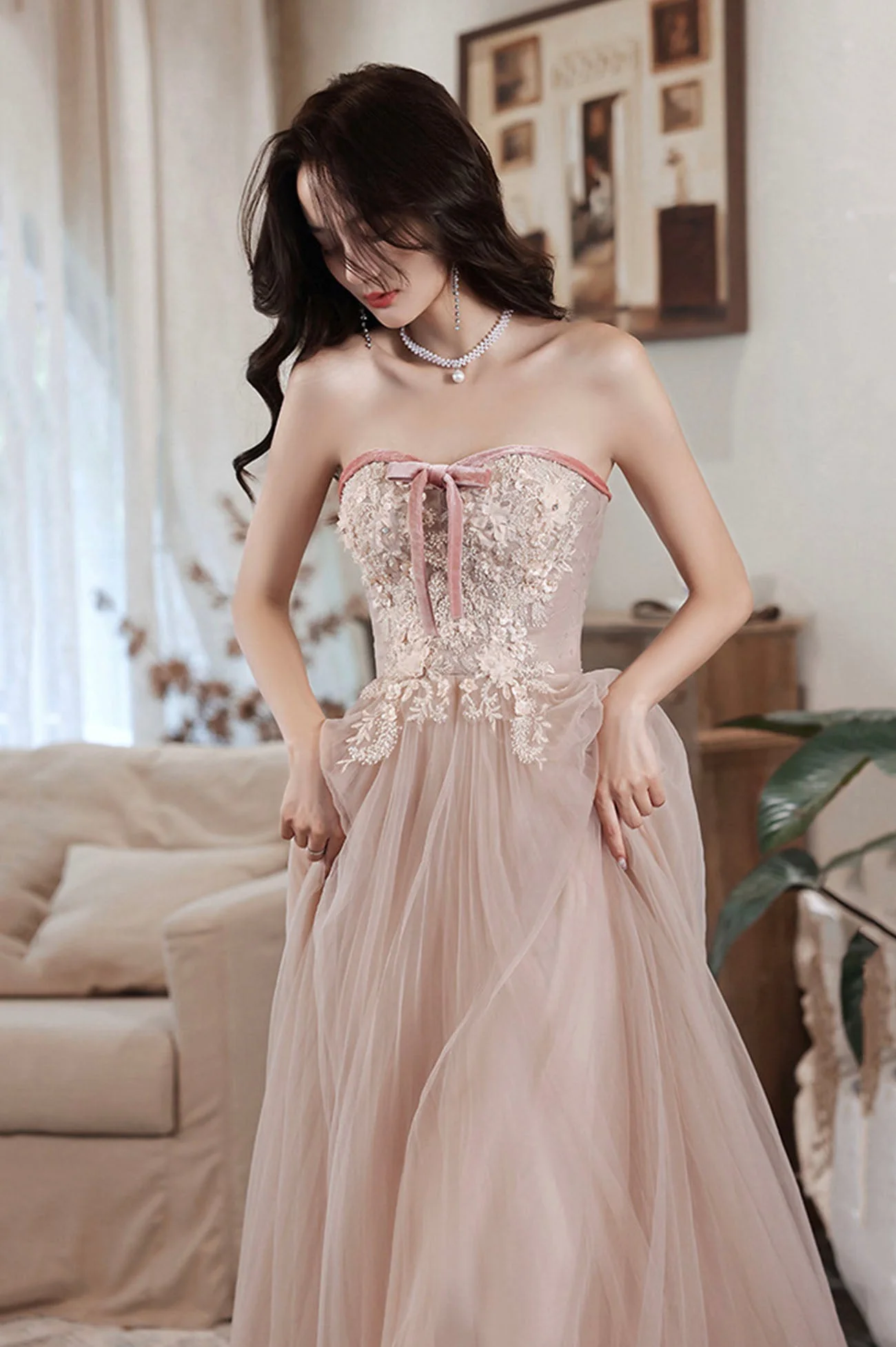 solvbao Pink Strapless Lace Long Prom Dresses, A-Line Evening Dresses - Deanwangkt