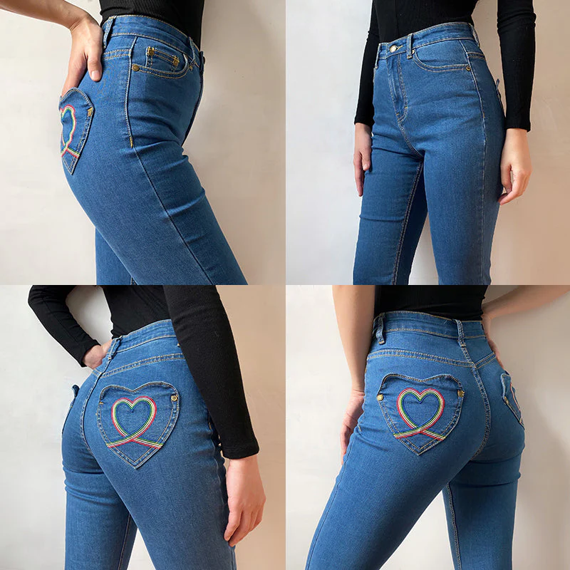 deanwangkt - Rainbow Love Heart Bell Bottom Jeans ~ HANDMADE - Deanwangkt