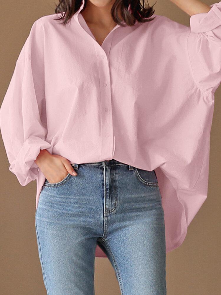 deanwangkt Loose Solid Turn-Down-Collar Full Sleeve Retro Women Blouse - Deanwangkt