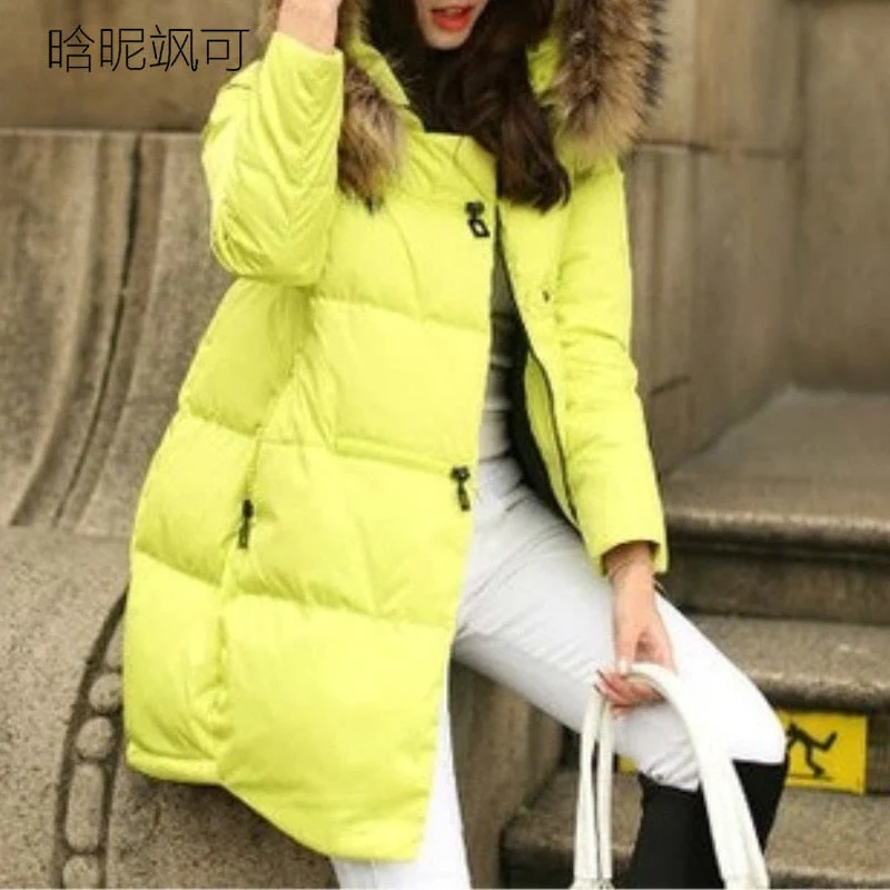 deanwangkt Women Parkas Long Thick Warm Jacket Hooded Fur Zipper Yellow Elegant Ladies Coats Solid Female clothing Parka Femme - Deanwangkt