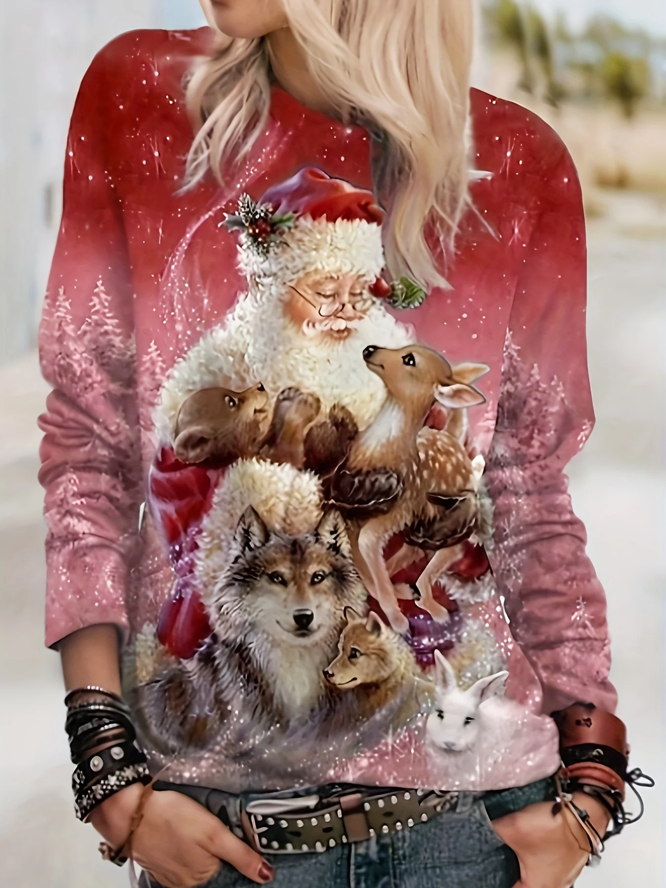 deanwangkt-1 Christmas Santa & Elk Print Crew Neck T-Shirt, Casual Long Sleeve Top For Spring & Fall, Women's Clothing - Deanwangkt