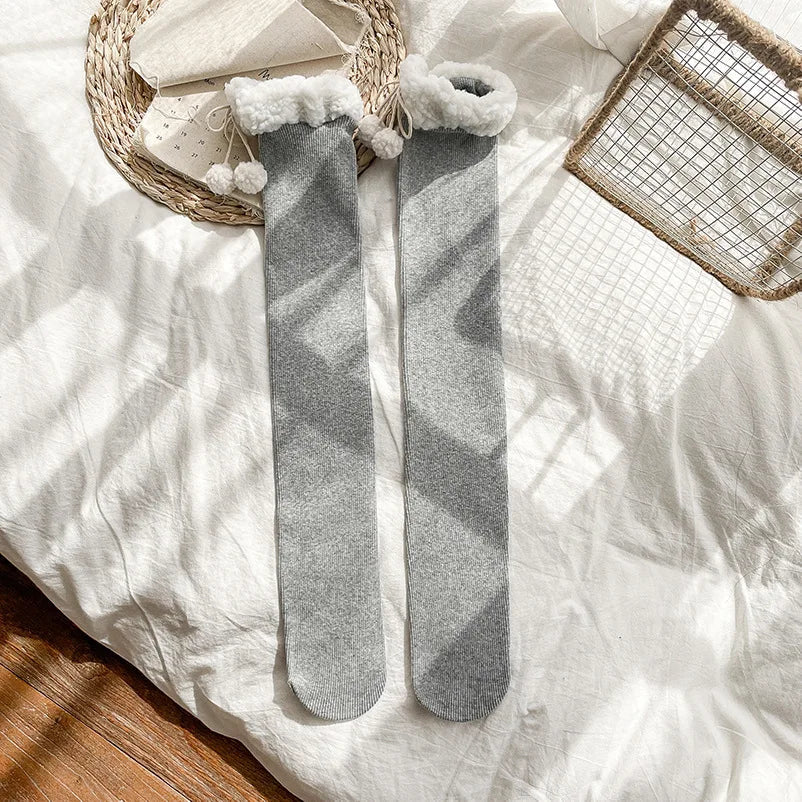 deanwangkt Japanese Vertical Stripe Plush Stockings Autumn Winter Cute Tights Kawaii Lamb Fur Wool Ball Calf Socks Lolita Knee High Socks - Deanwangkt