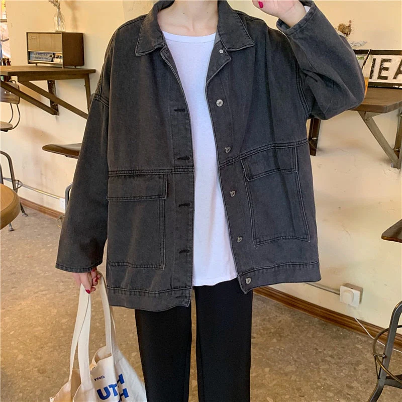 deanwangkt Harajuku Black Denim Short Jacket Women Korean Loose Bomber Jacket Female Outerwear Streetwear Long Sleeve Casual Overcoat Mujer - Deanwangkt