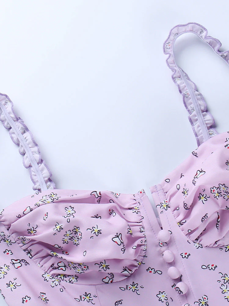 deanwangkt Forefair Floral Print Corset Spaghetti Strap Dresses Women Sexy Backless Spring Summer Ruffle Casual Vintage Mini Dress  Summer Fairy Dress - Deanwangkt